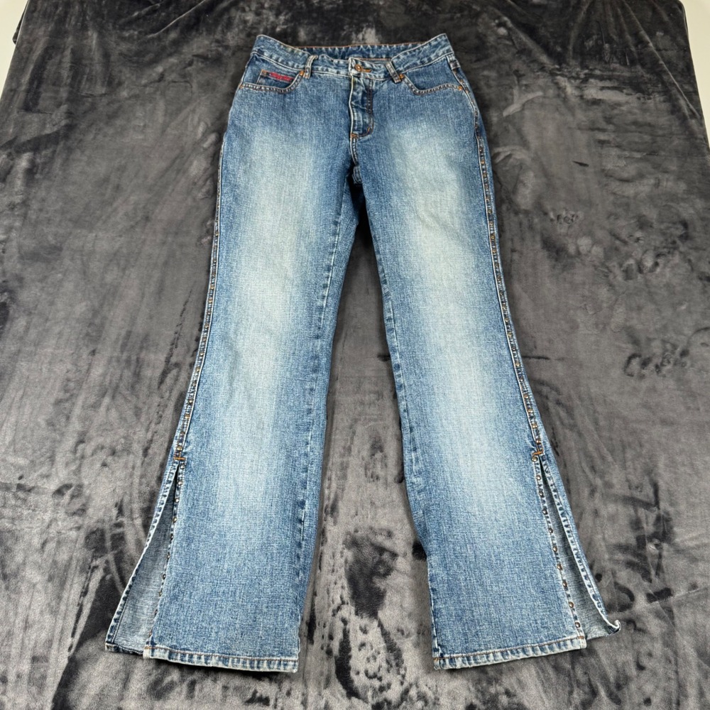 FUBU Jeans Women 5/6 Blue Studded Side Slit Flare Leg Denim Y2K Streetwear